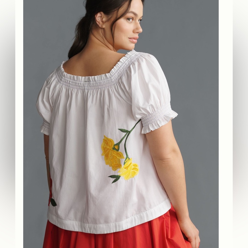 Nwt puffed sleeve tie front embroidered blouse anthro - Picture 8 of 10